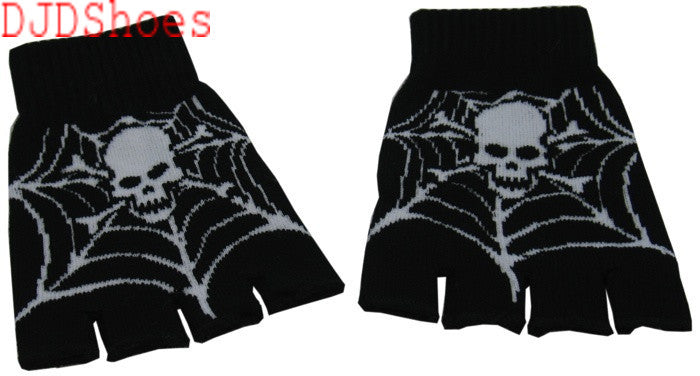 Black Fingerless Gloves with Skull and Cobweb Pattern