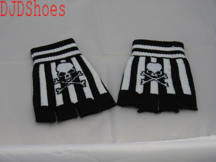 Black and White Striped Skull Fingerless Gloves