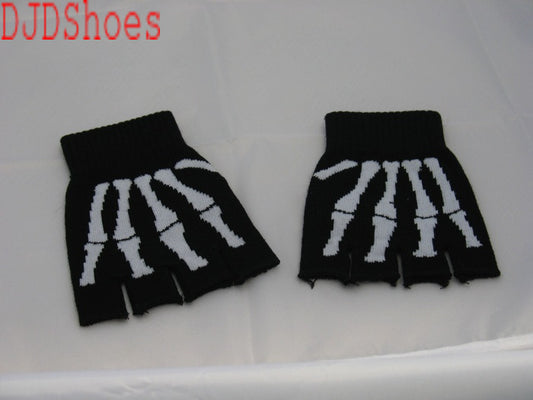 Black Fingerless Gloves with Skeleton Motif